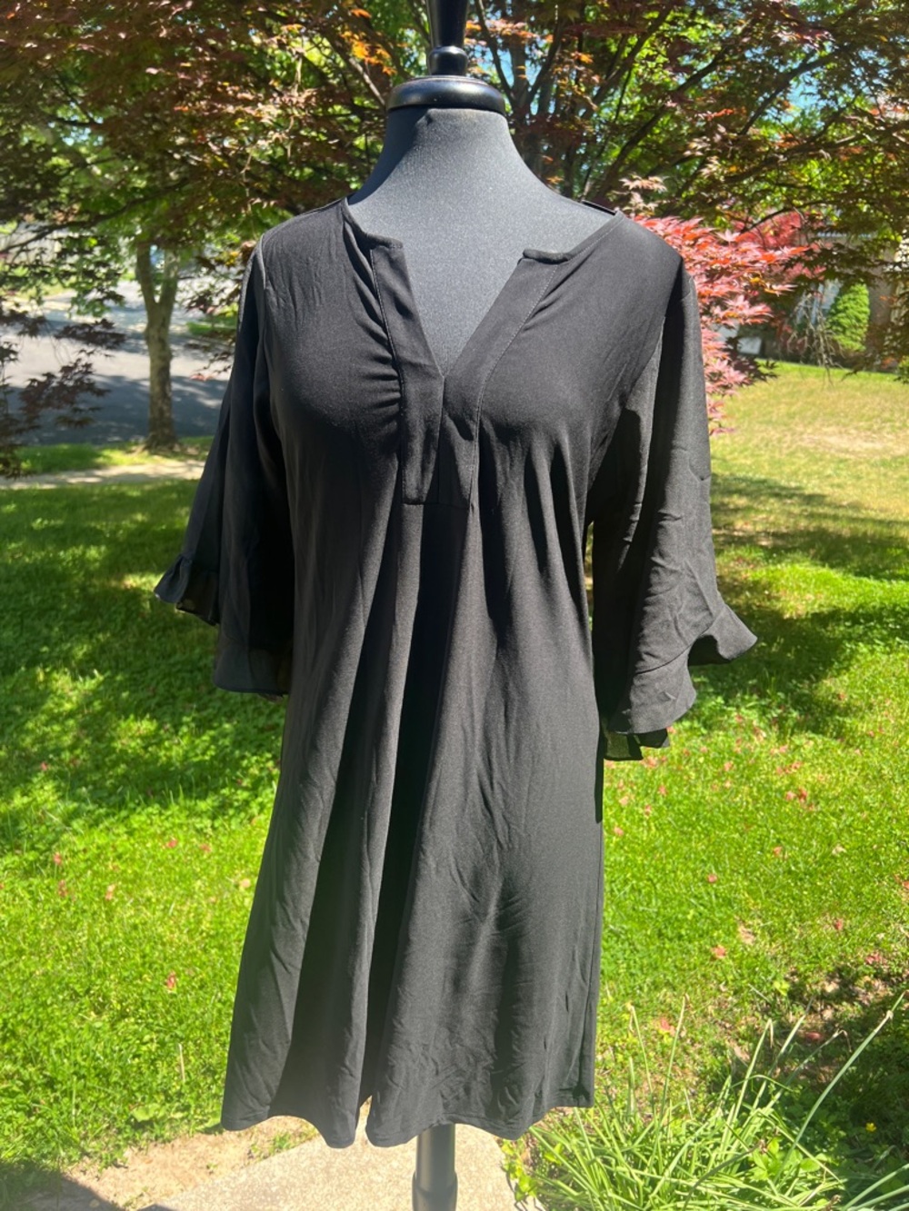 Women's Black V-Neck Ruffle Sheer Sleeve Dress